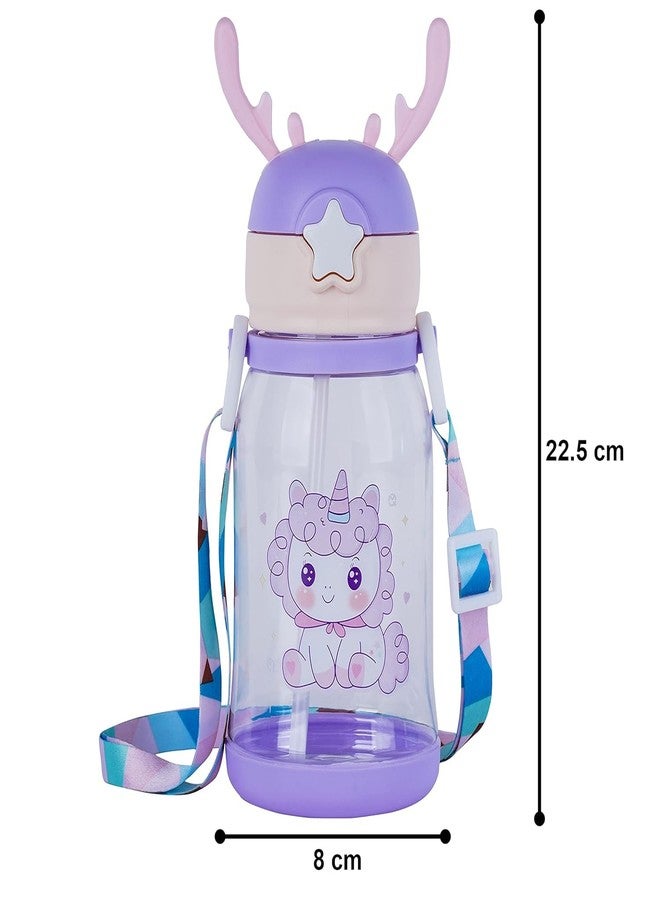 ABR Mall Kids Water Bottle with Straw Water Bottle With Straw & Cartoon Design and Shoulder Strap for Students and Children, Boy, girl 600ml (Purple) - Image 2